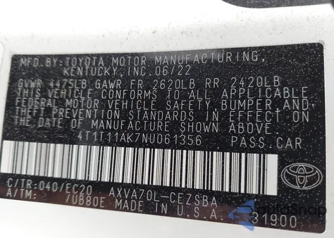 2022 Toyota Camry Se Nightshade Edition from USA, damaged, VIN 4T1T11AK7NU061356